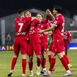 Theo Bouchlarhem (SIO), 2nd left, celebrates his goal with his teammates Ilyas Chouaref (SIO) #7, Numa Lavanchy (SIO), 2nd right, and Theo Berdayes (SIO), right, after scoring the 0:1, during the Super League soccer match of Swiss Championship between Yverdon Sport FC, YS, and FC Sion, SIO, at the Stade Municipal, Yverdon-Les-Bains in Yverdon-Les-Bains, Switzerland, Saturday, December 14, 2024. (KEYSTONE/Salvatore Di Nolfi)
